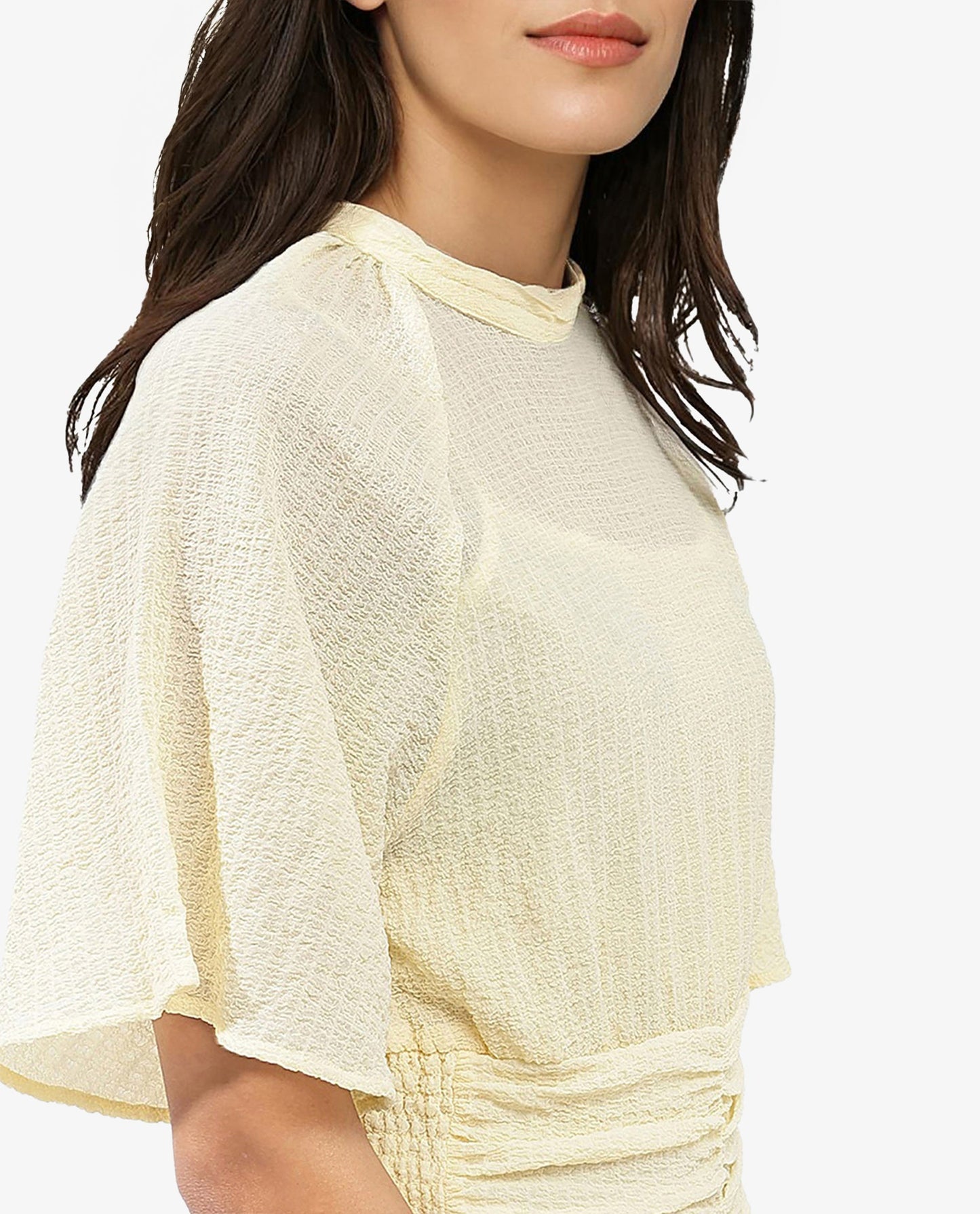 Rareism Women Chalsey Yellow Polyester Fabric Regular Sleeves Ribbed Collar Solid Regular Length Top