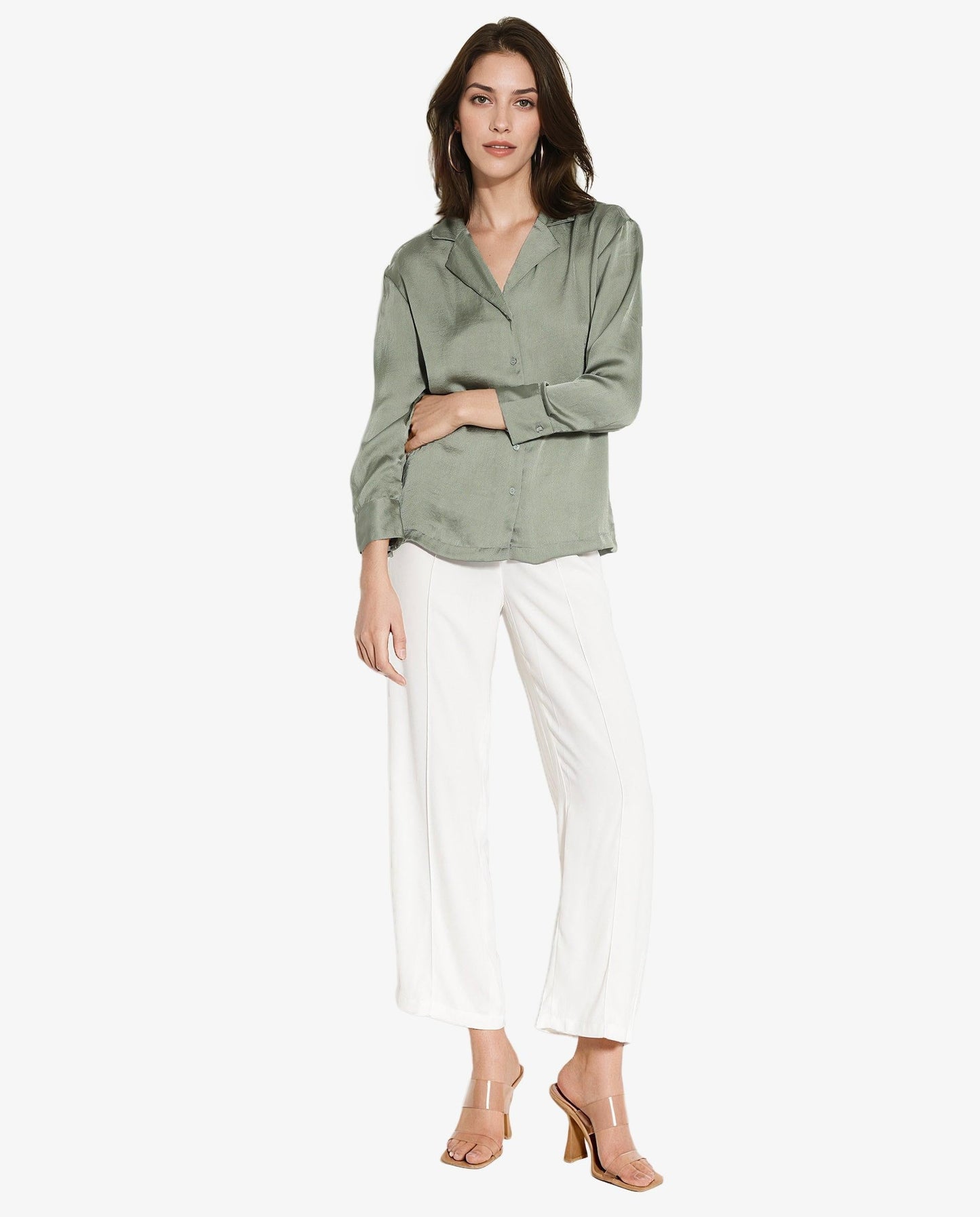 Rareism Women Chant Light Green Polyester Fabric Cuffed Sleeves Lapel Neck Plain Shirt