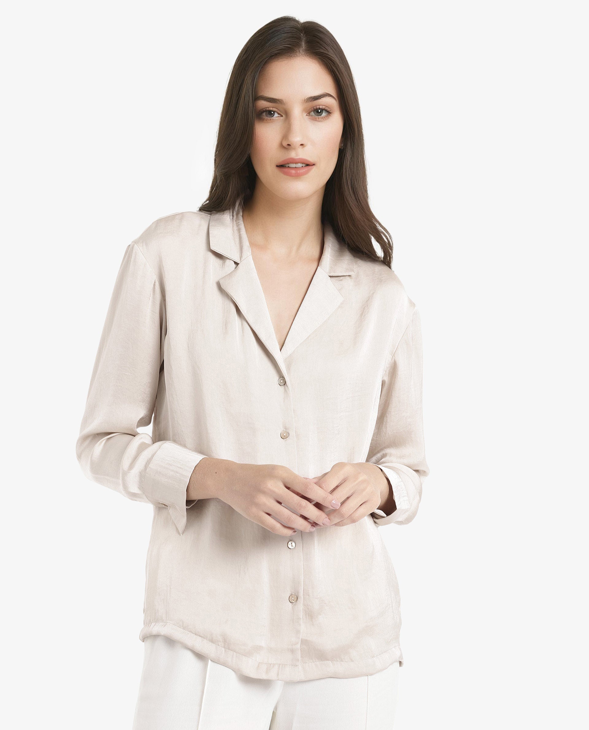 Rareism Women Chant Beige Polyester Fabric Cuffed Sleeves Lapel Neck Plain Top