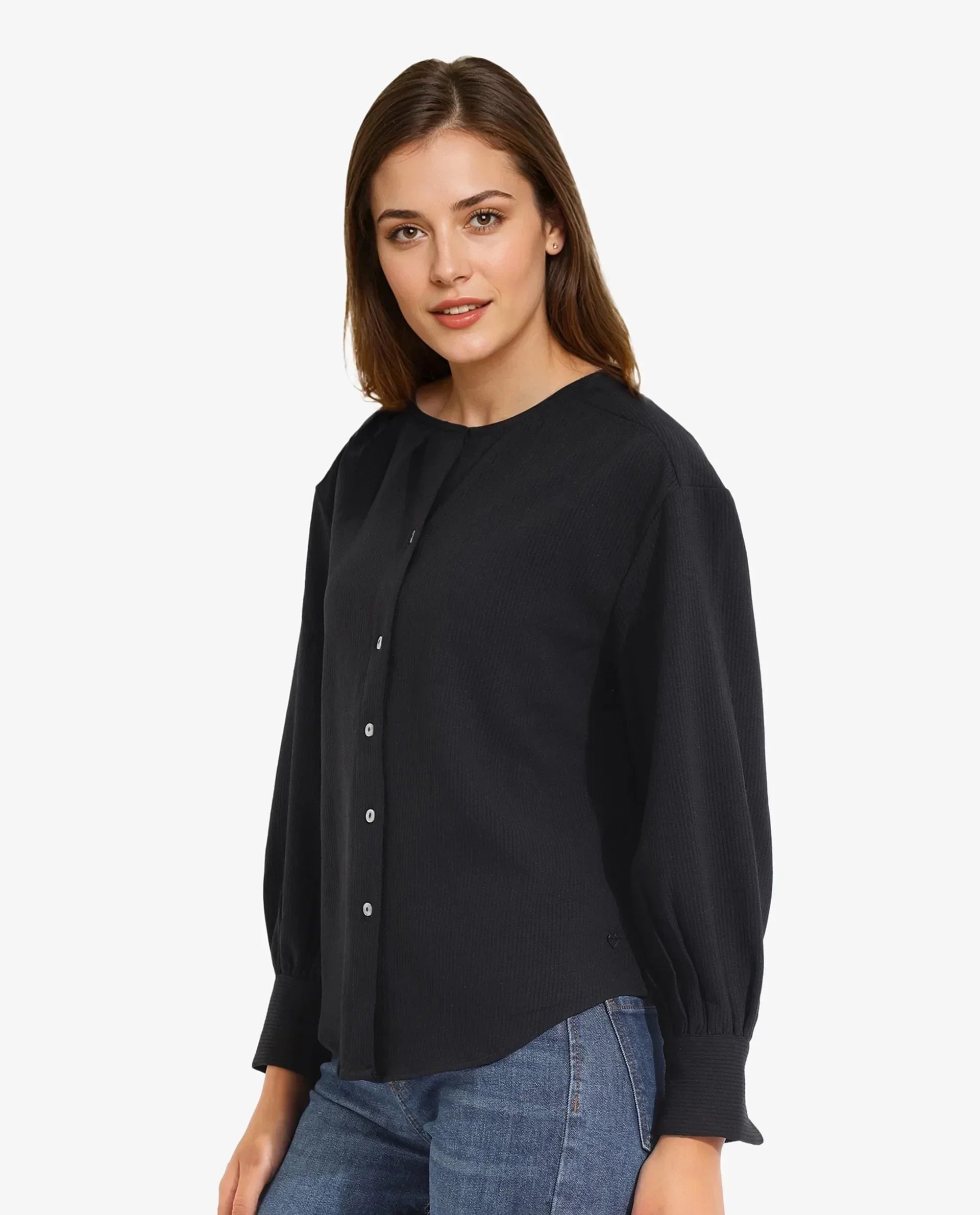 Rareism Women Chantrey Black Cotton Fabric Full Sleeve Round Neck Solid Regular Length Top