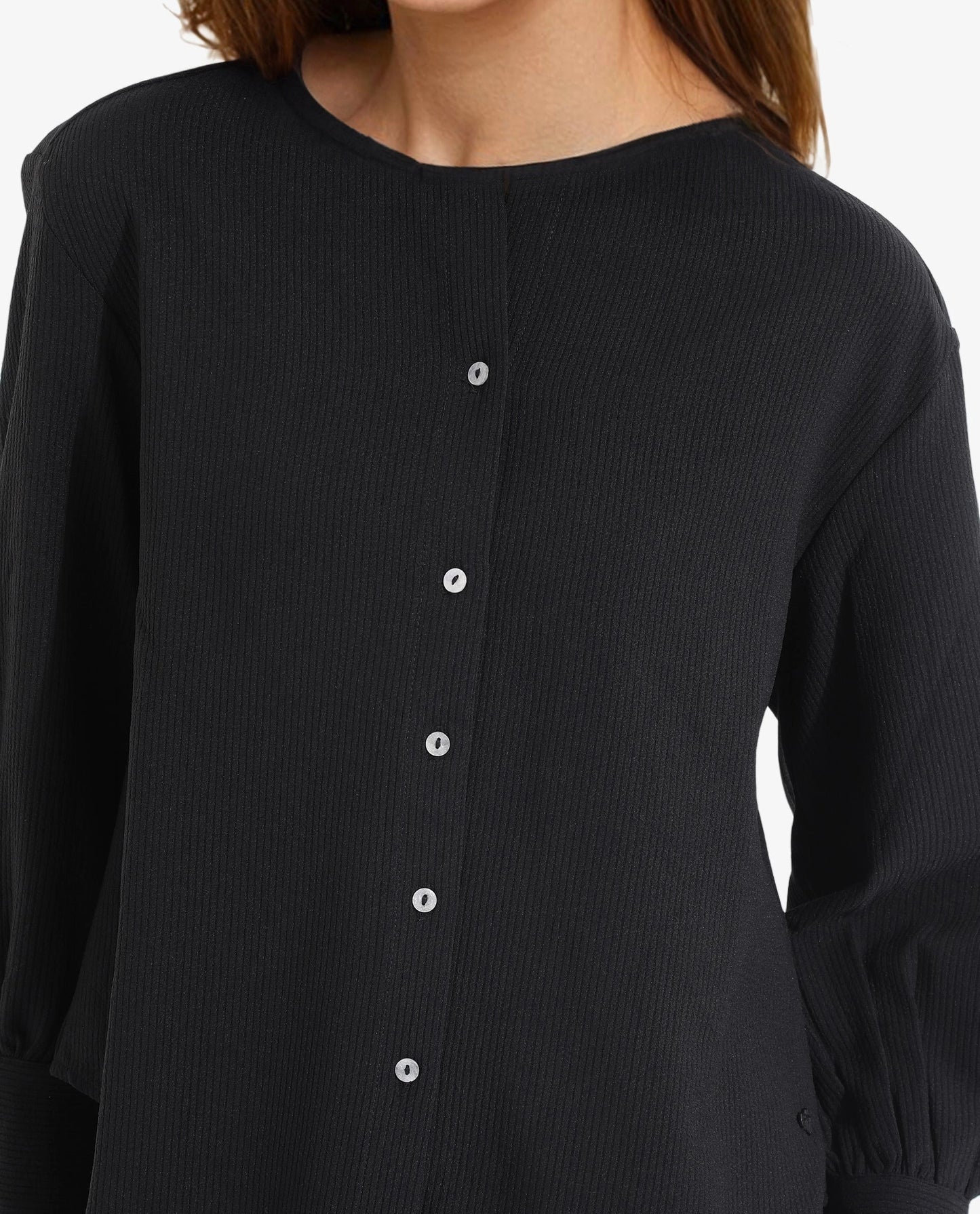 Rareism Women Chantrey Black Cotton Fabric Full Sleeve Round Neck Solid Regular Length Top