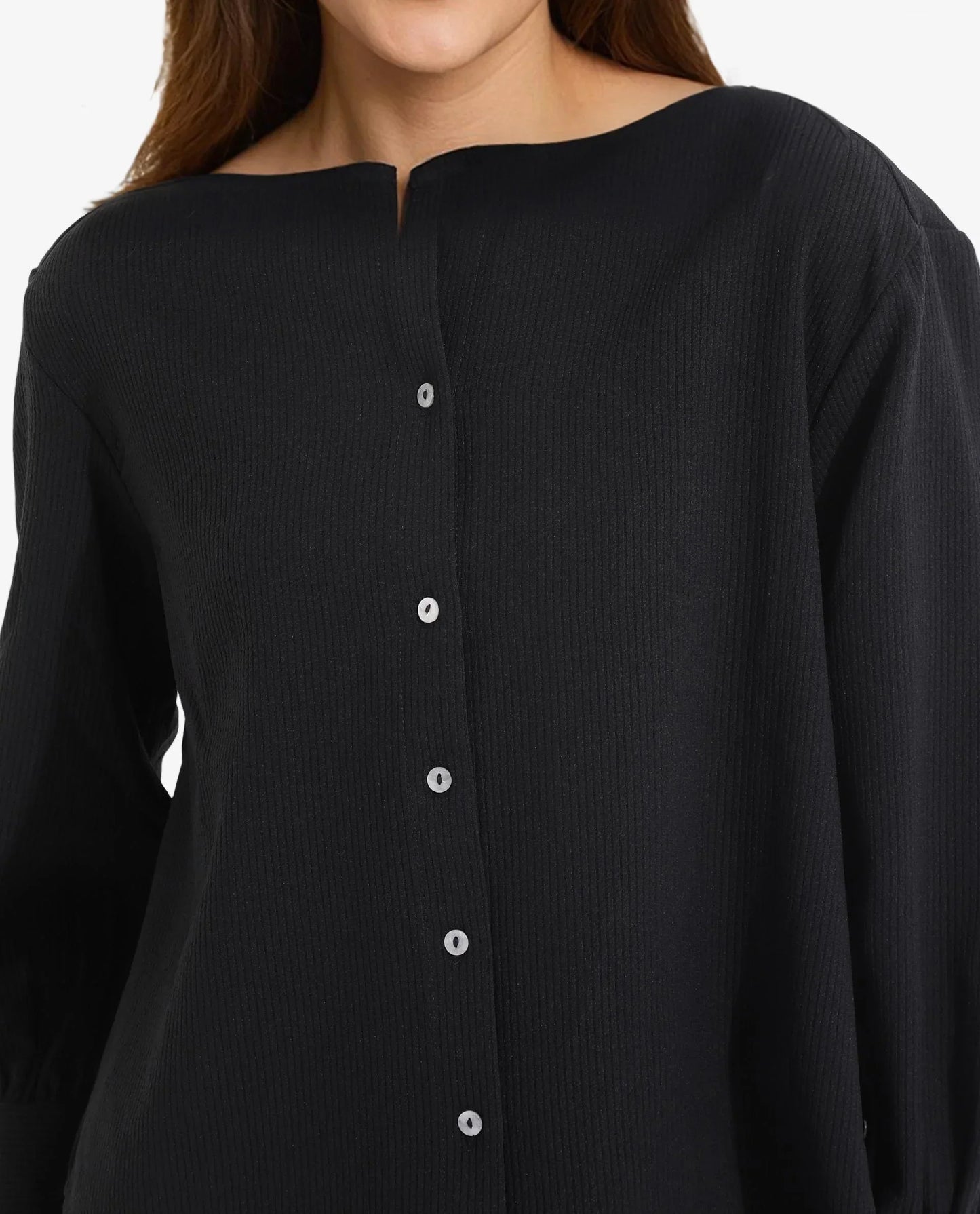 Rareism Women Chantrey Black Cotton Fabric Full Sleeve Round Neck Solid Regular Length Top