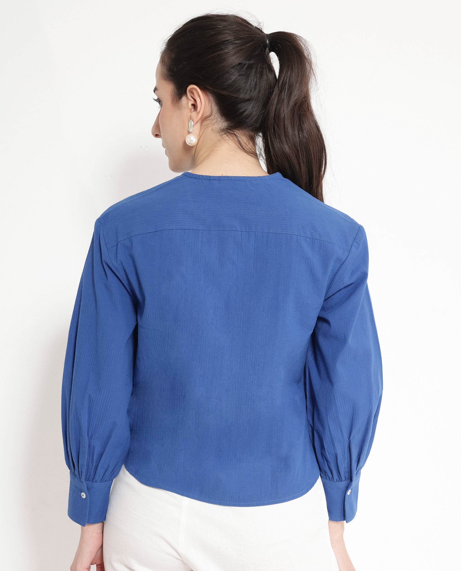 Rareism Women Chantreyo Blue Cuffed Sleeve Mandarin Collar Button Plain Top