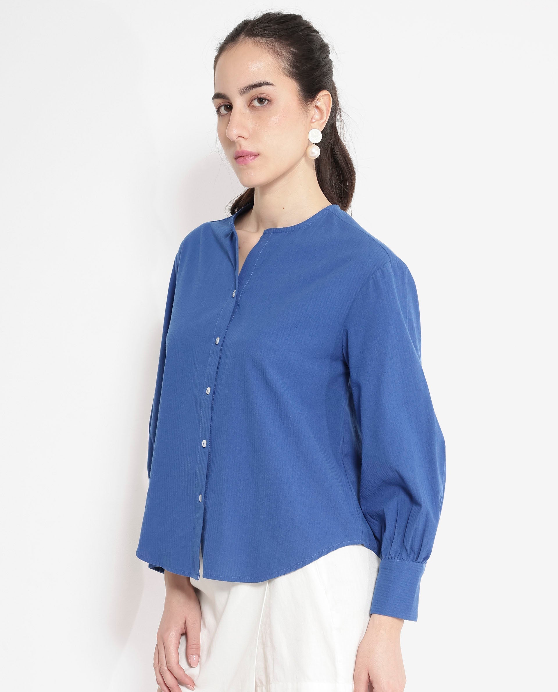 Rareism Women Chantreyo Blue Cuffed Sleeve Mandarin Collar Button Plain Top