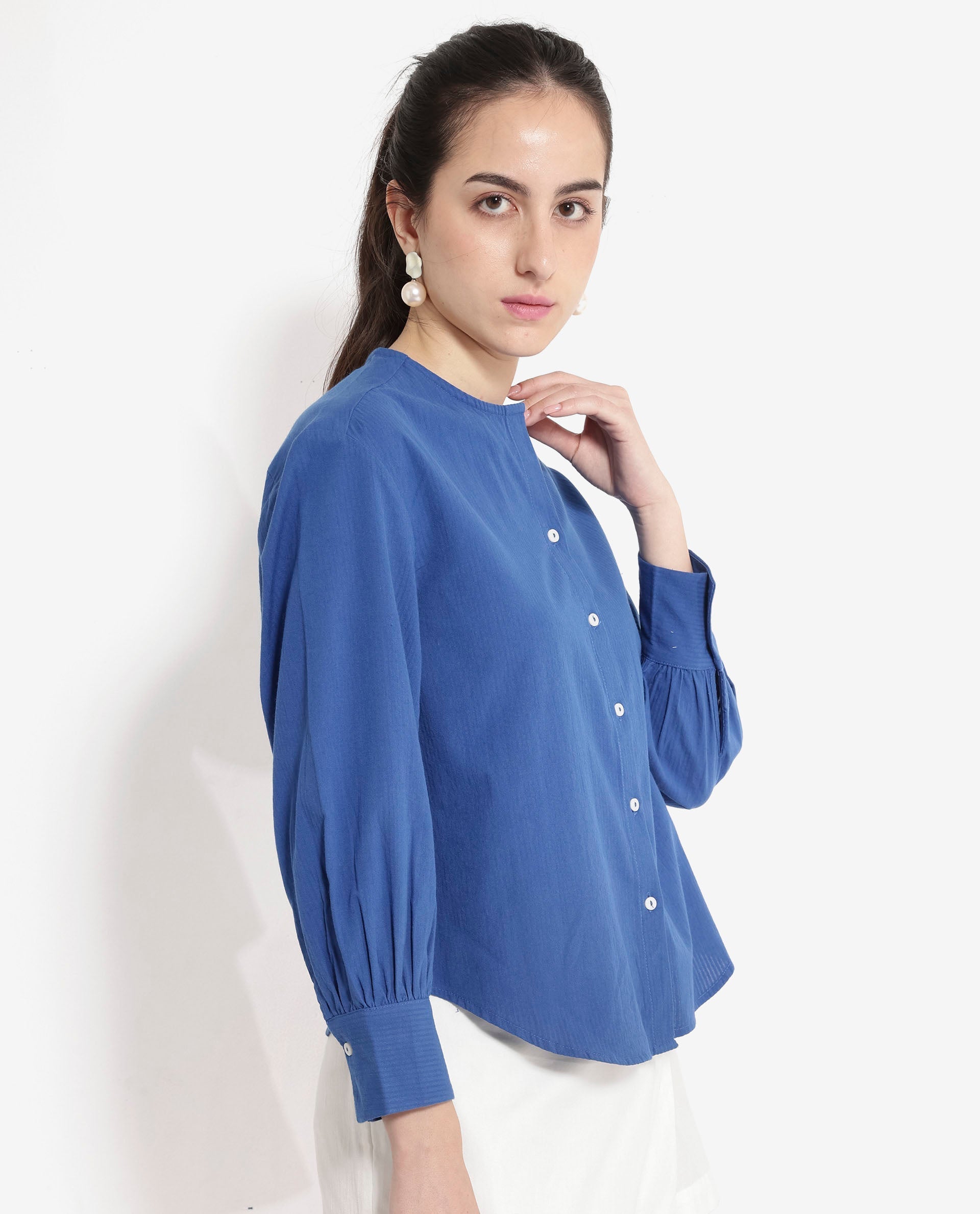 Rareism Women Chantreyo Blue Cuffed Sleeve Mandarin Collar Button Plain Top