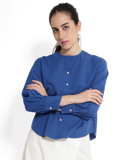 Rareism Women Chantreyo Blue Cuffed Sleeve Mandarin Collar Button Plain Top