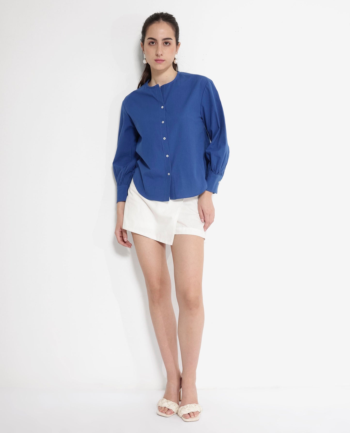 Rareism Women Chantreyo Blue Cuffed Sleeve Mandarin Collar Button Plain Top