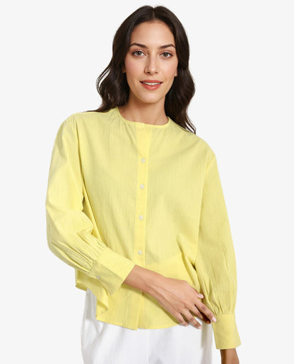 Rareism Women Chantreyo Yellow Cuffed Sleeve Mandarin Collar Button Plain Top