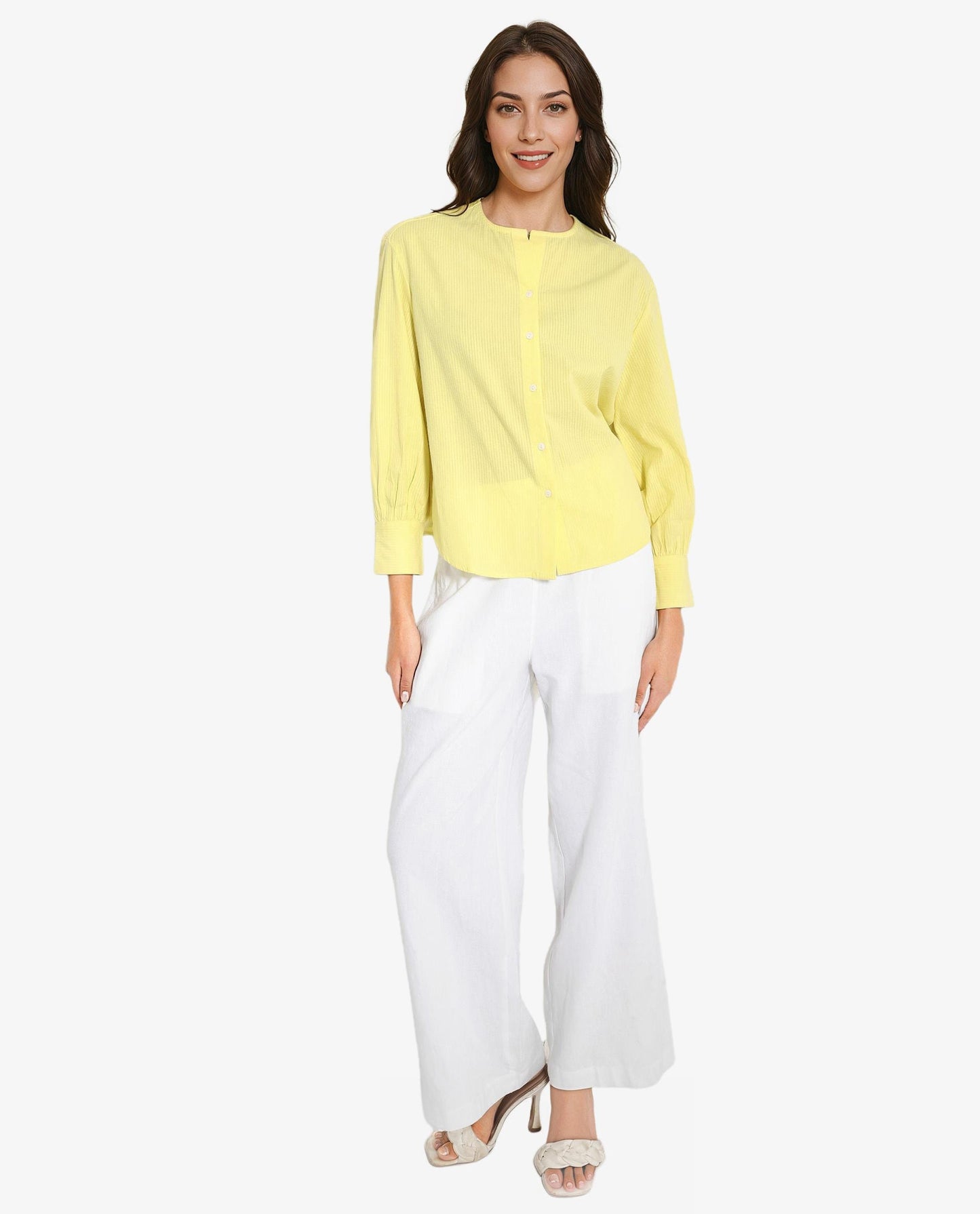 Rareism Women Chantreyo Yellow Cuffed Sleeve Mandarin Collar Button Plain Top