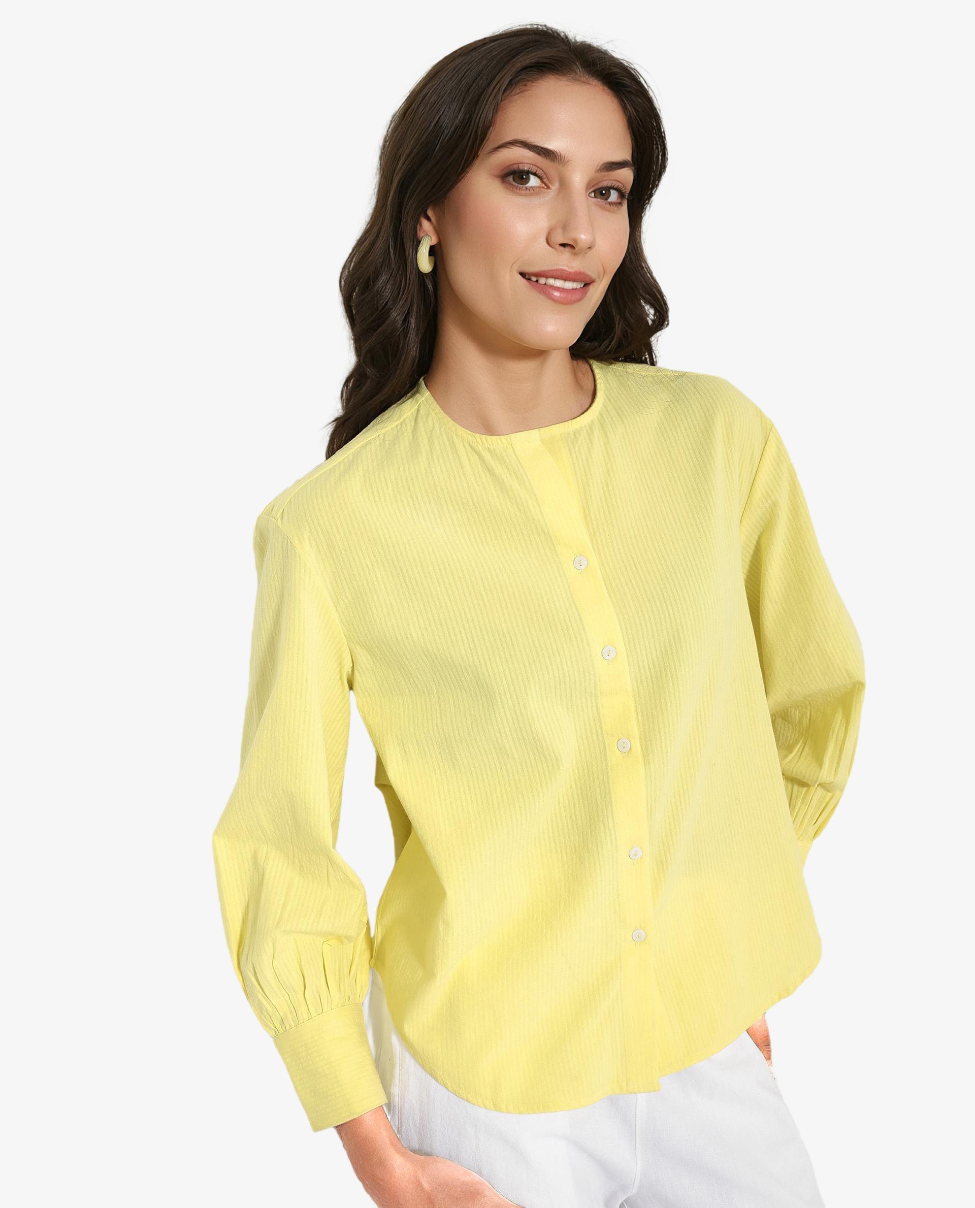 Rareism Women Chantreyo Yellow Cuffed Sleeve Mandarin Collar Button Plain Top