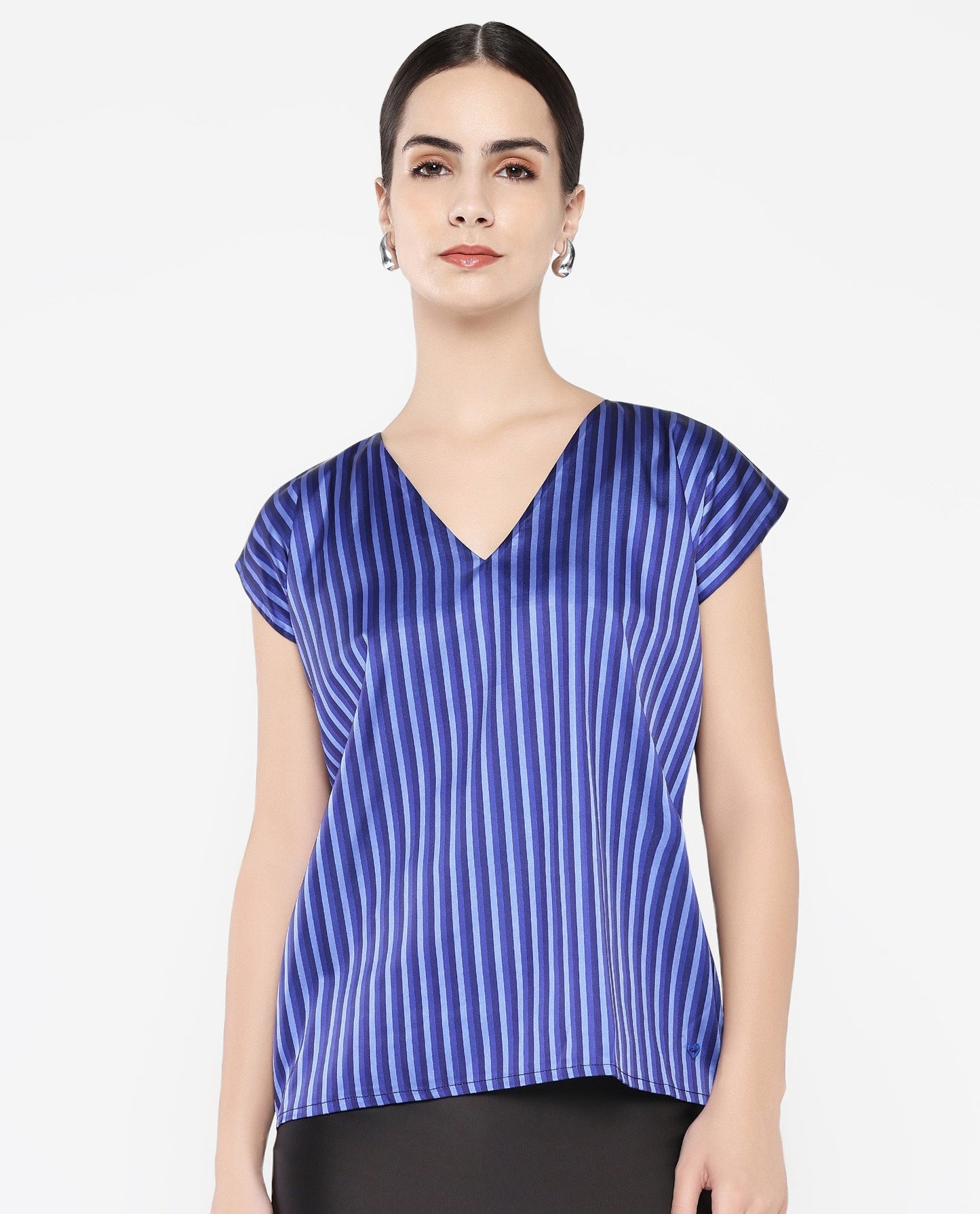 Rareism Women Chinita Blue Extended Sleeve V-Neck Boxy Fit Narrow Stripes Top