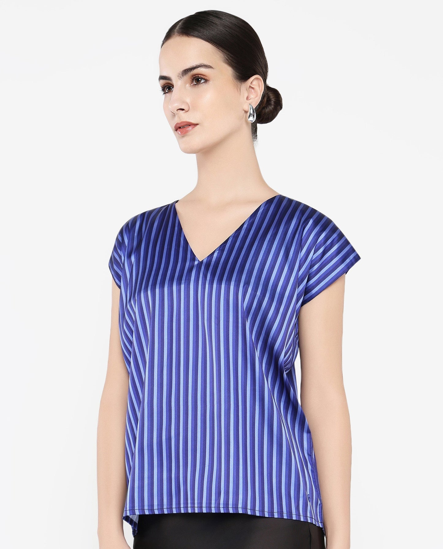 Rareism Women Chinita Blue Extended Sleeve V-Neck Boxy Fit Narrow Stripes Top