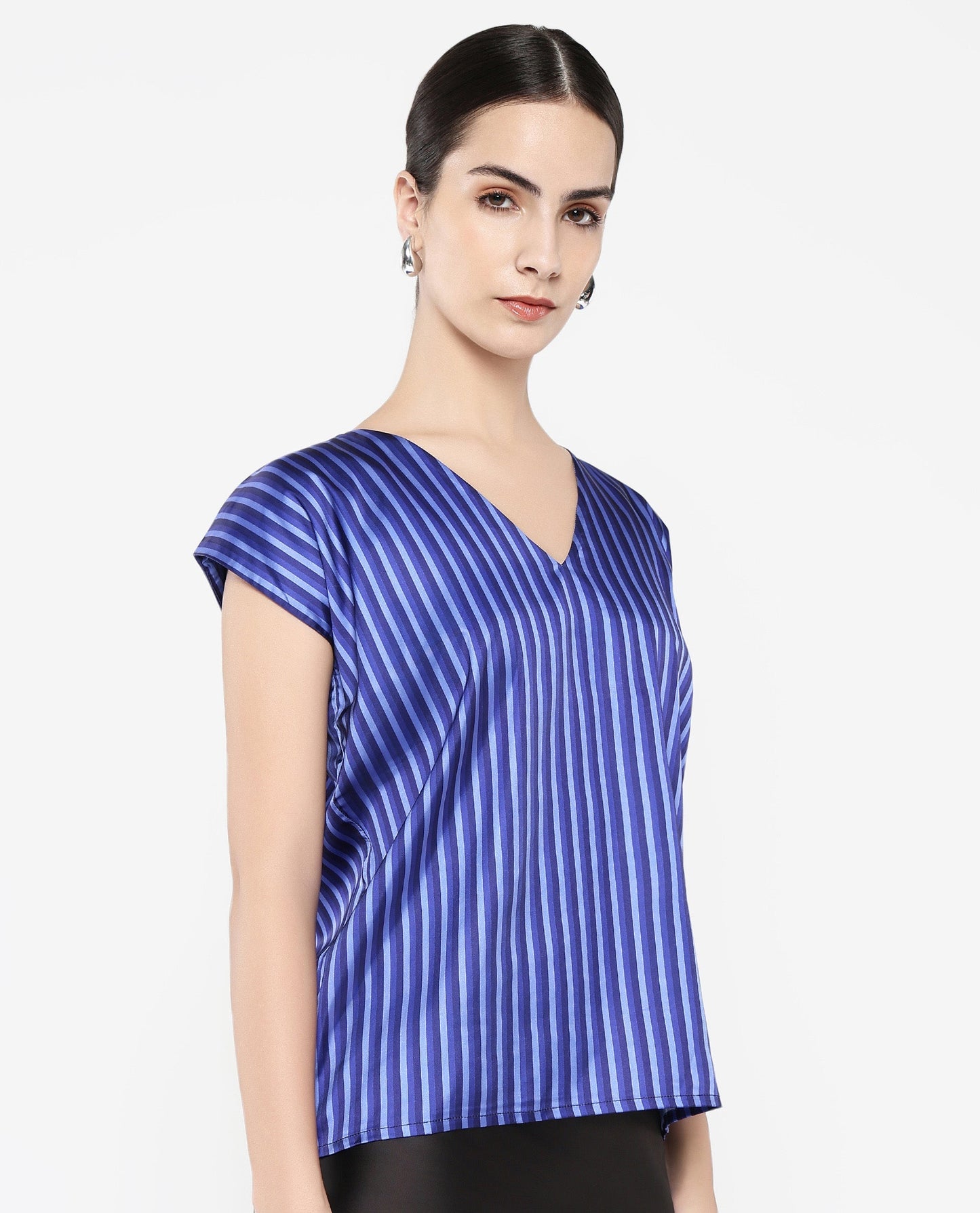 Rareism Women Chinita Blue Extended Sleeve V-Neck Boxy Fit Narrow Stripes Top