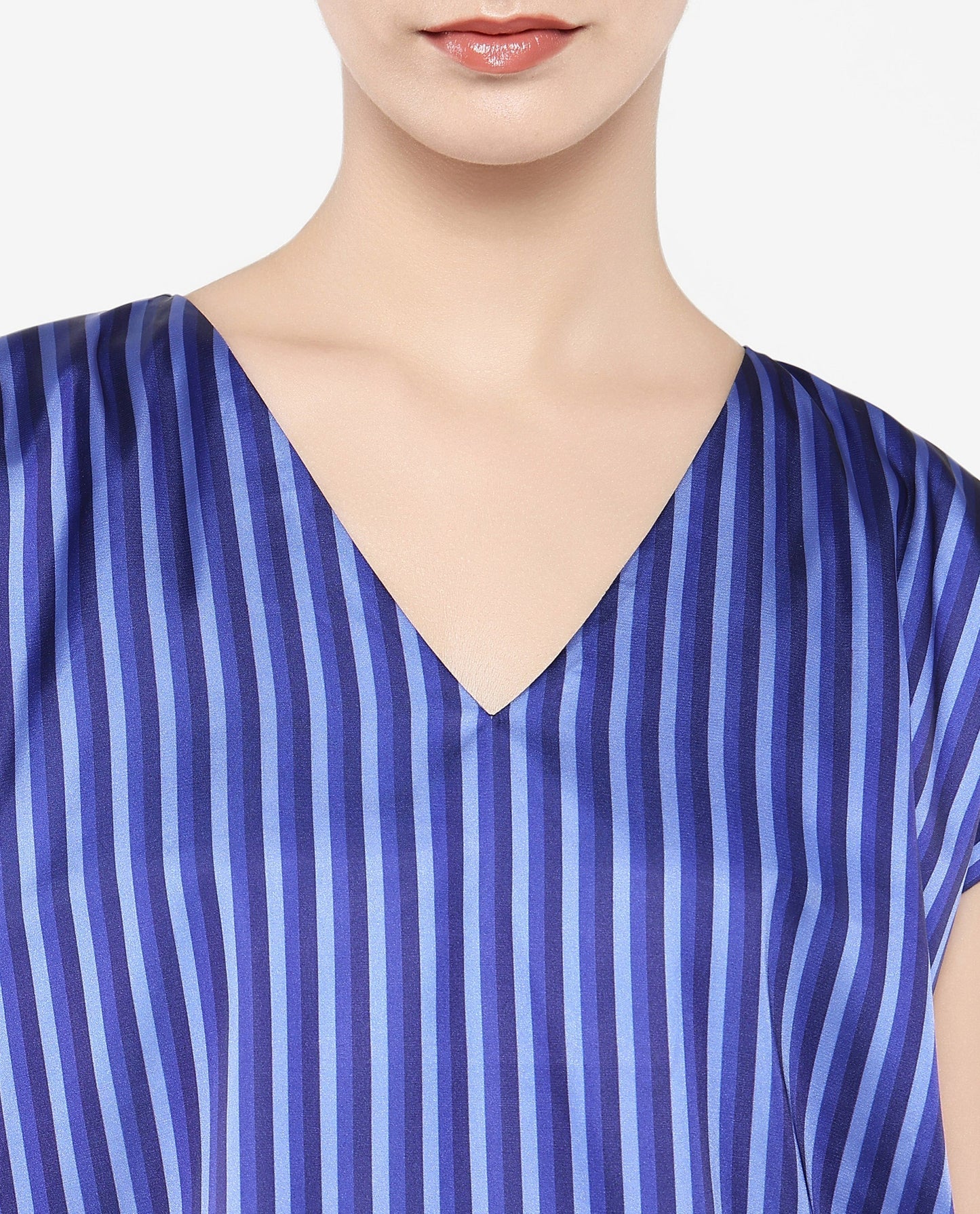 Rareism Women Chinita Blue Extended Sleeve V-Neck Boxy Fit Narrow Stripes Top