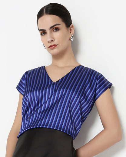 Rareism Women Chinita Blue Extended Sleeve V-Neck Boxy Fit Narrow Stripes Top