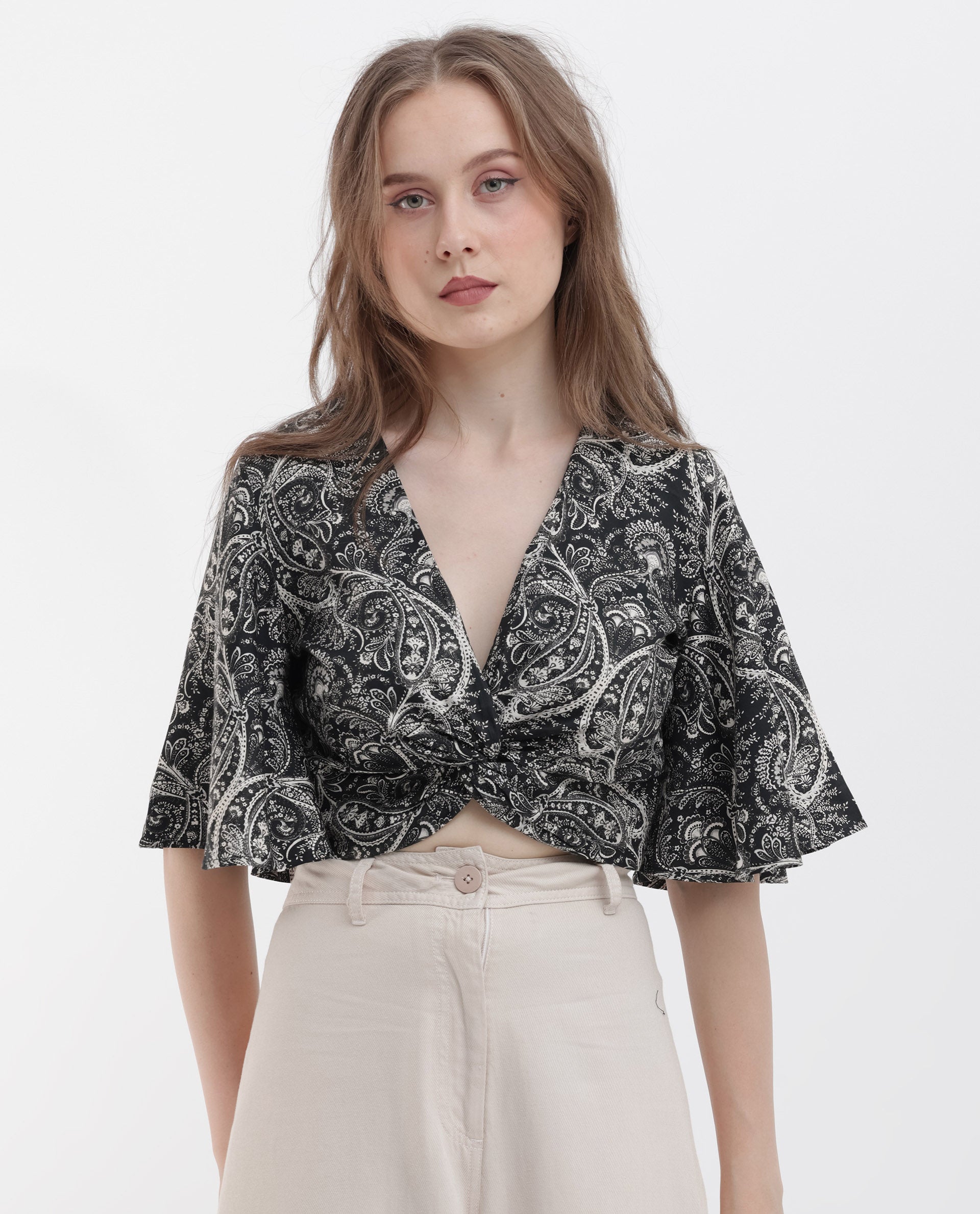 Rareism Women Clarence Black Cotton Modal Fabric Short Sleeves V-Neck Flared Sleeve Regular Fit Paisley Print Cropped Top