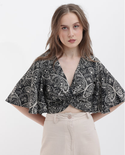 Rareism Women Clarence Black Cotton Modal Fabric Short Sleeves V-Neck Flared Sleeve Regular Fit Paisley Print Cropped Top