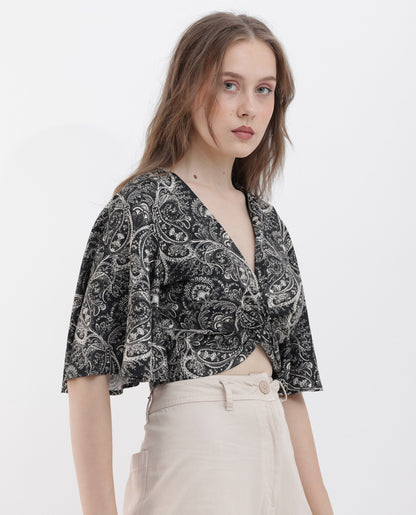 Rareism Women Clarence Black Cotton Modal Fabric Short Sleeves V-Neck Flared Sleeve Regular Fit Paisley Print Cropped Top