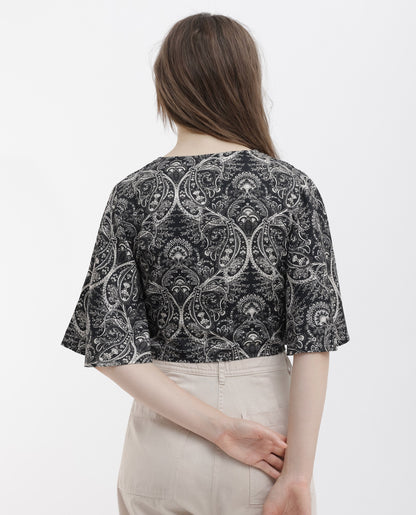 Rareism Women Clarence Black Cotton Modal Fabric Short Sleeves V-Neck Flared Sleeve Regular Fit Paisley Print Cropped Top