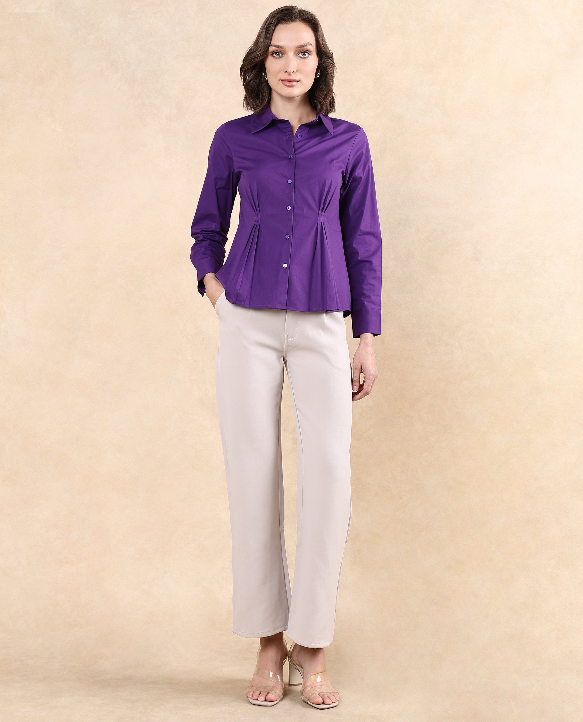 Rareism Women Cojin Purple Cotton Blend Fabric Cuffed Sleeve Collared Neck Button Closure Regular Fit Plain Top