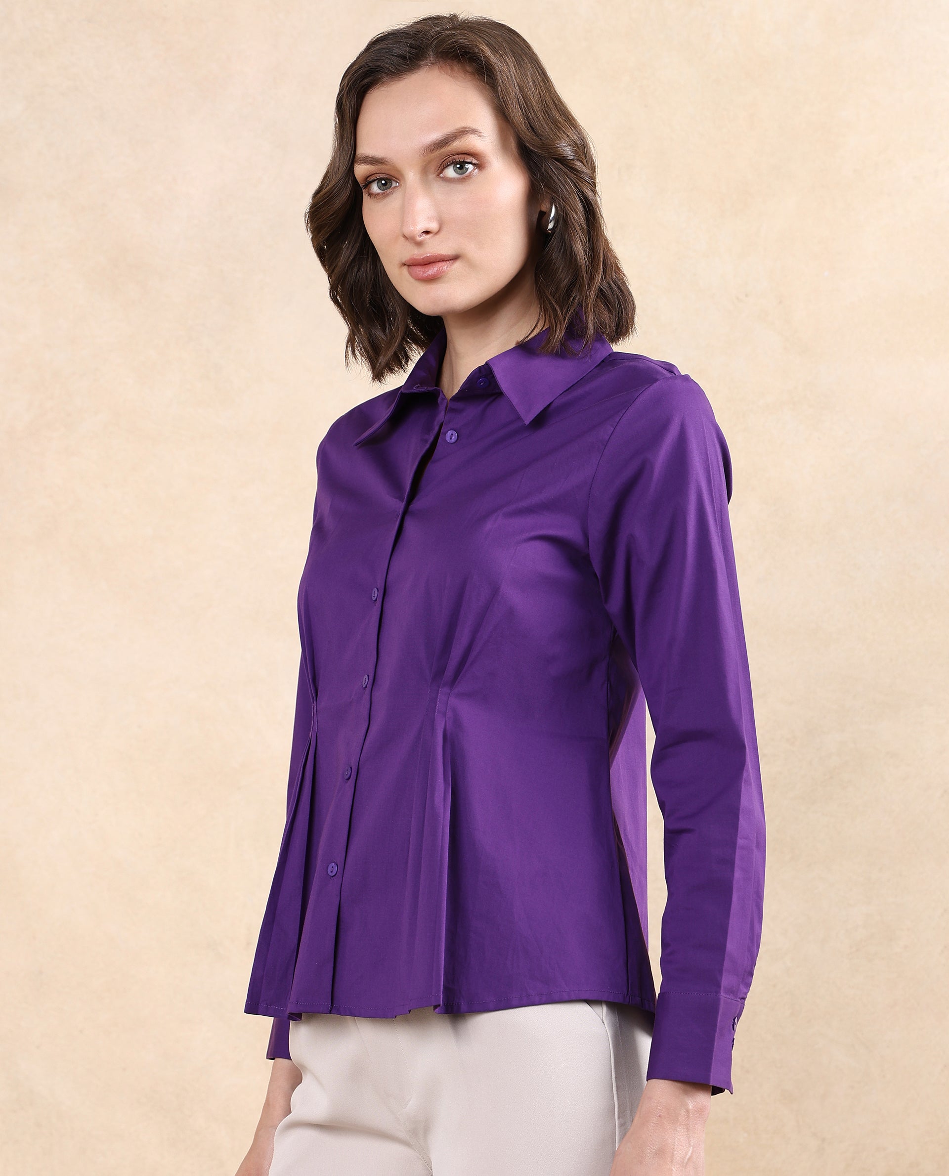 Rareism Women Cojin Purple Cotton Blend Fabric Cuffed Sleeve Collared Neck Button Closure Regular Fit Plain Top