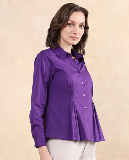 Rareism Women Cojin Purple Cotton Blend Fabric Cuffed Sleeve Collared Neck Button Closure Regular Fit Plain Top