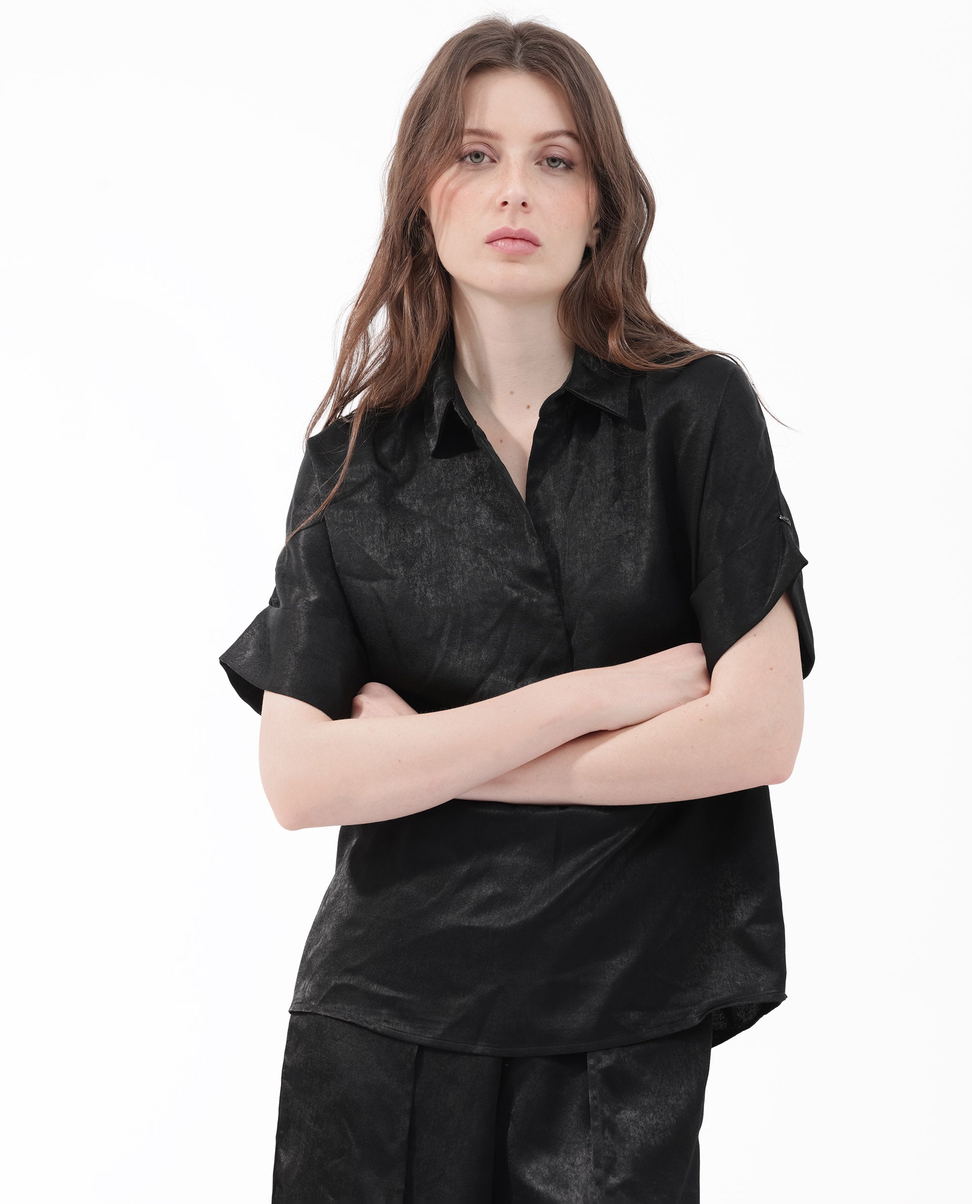 Rareism Women Cole Black Polyester Fabric Short Sleeves Johnny Collar Extended Sleeve Regular Fit Plain Top