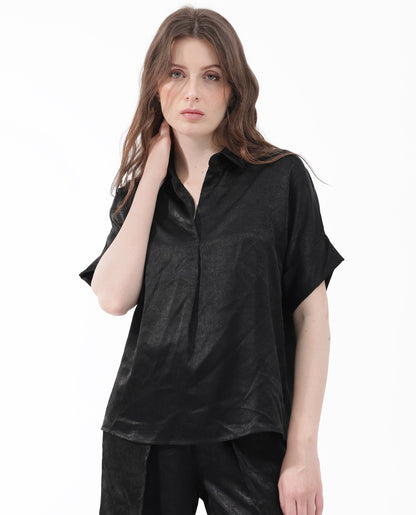 Rareism Women Cole Black Polyester Fabric Short Sleeves Johnny Collar Extended Sleeve Regular Fit Plain Top