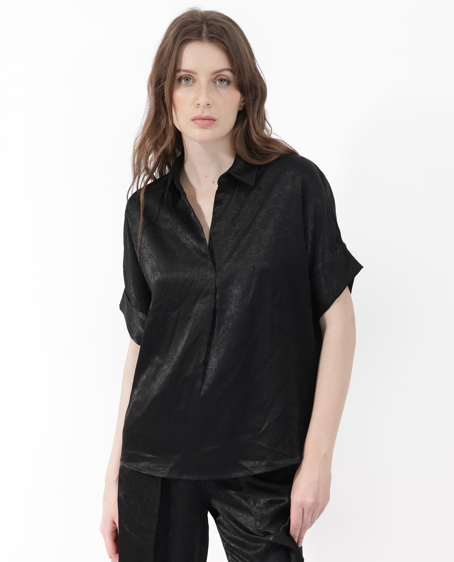 Rareism Women Cole Black Polyester Fabric Short Sleeves Johnny Collar Extended Sleeve Regular Fit Plain Top