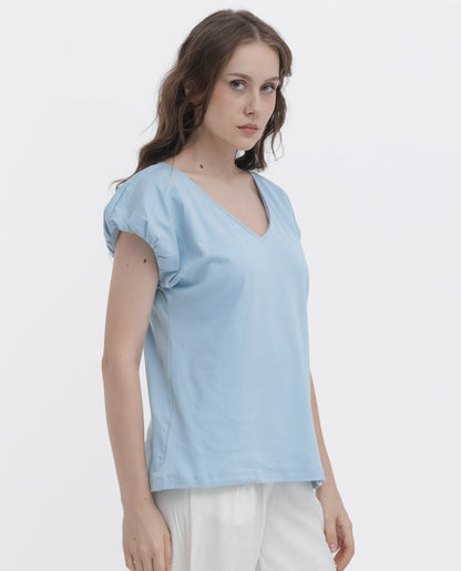 Rareism Women Conrad Light Blue Cotton Fabric Short Sleeves V-Neck Extended Sleeve Regular Fit Plain Top