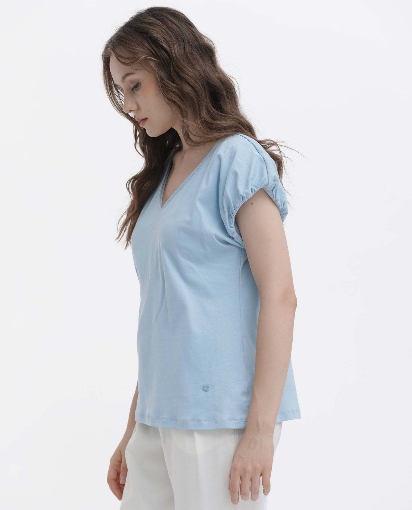 Rareism Women Conrad Light Blue Cotton Fabric Short Sleeves V-Neck Extended Sleeve Regular Fit Plain Top