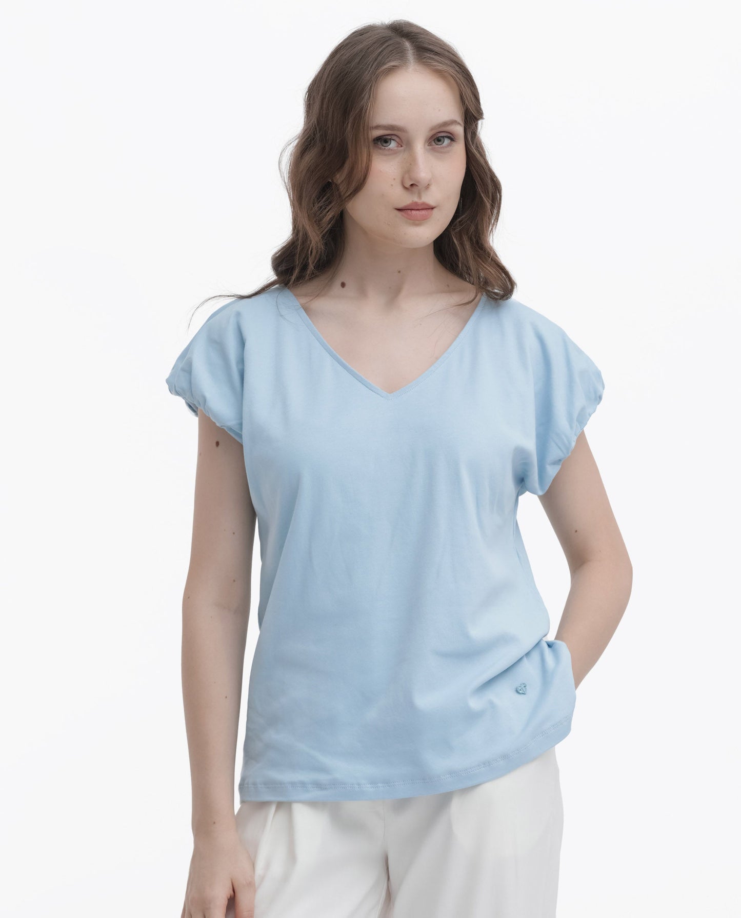 Rareism Women Conrad Light Blue Cotton Fabric Short Sleeves V-Neck Extended Sleeve Regular Fit Plain Top