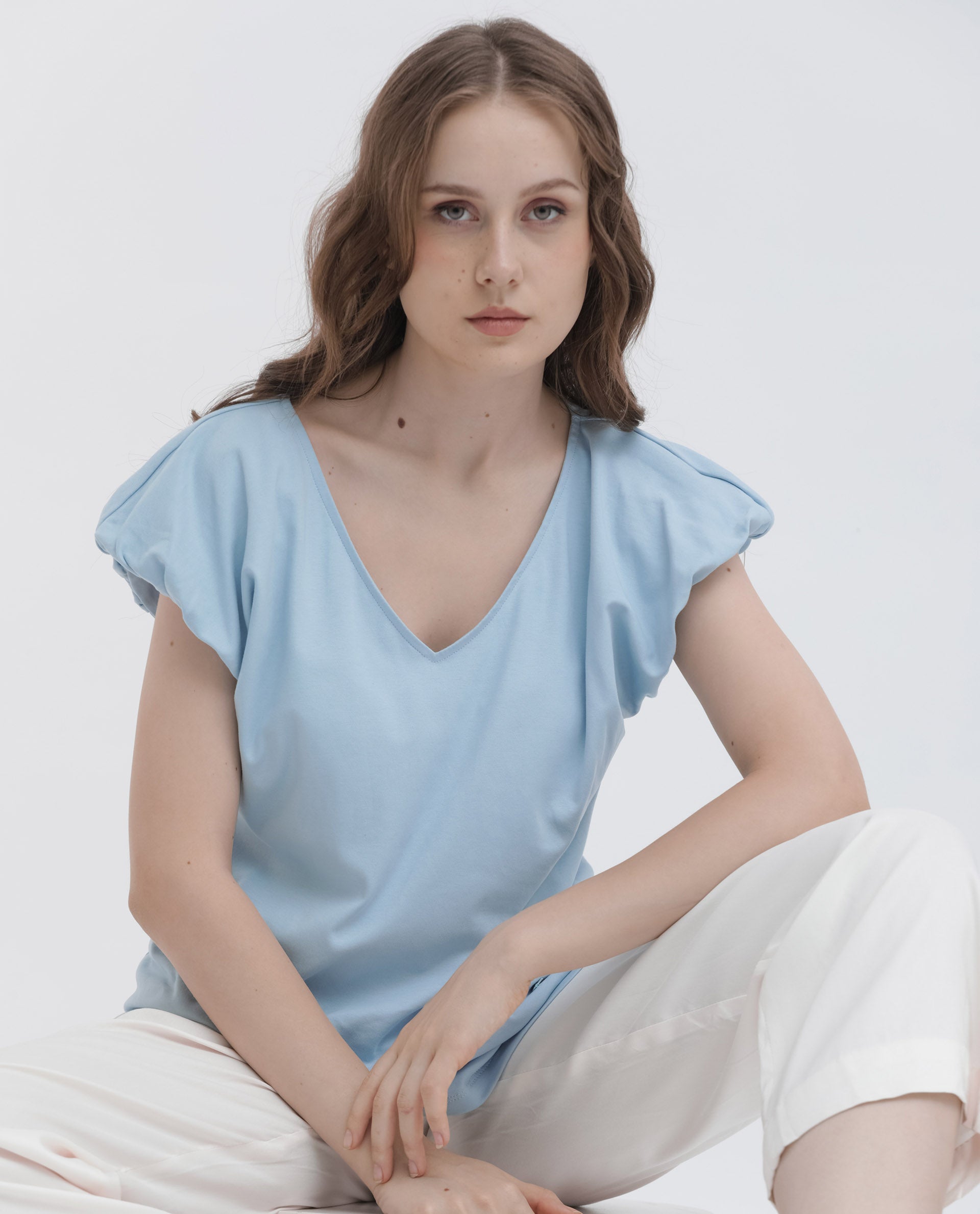 Rareism Women Conrad Light Blue Cotton Fabric Short Sleeves V-Neck Extended Sleeve Regular Fit Plain Top