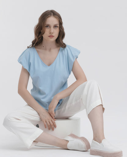 Rareism Women Conrad Light Blue Cotton Fabric Short Sleeves V-Neck Extended Sleeve Regular Fit Plain Top