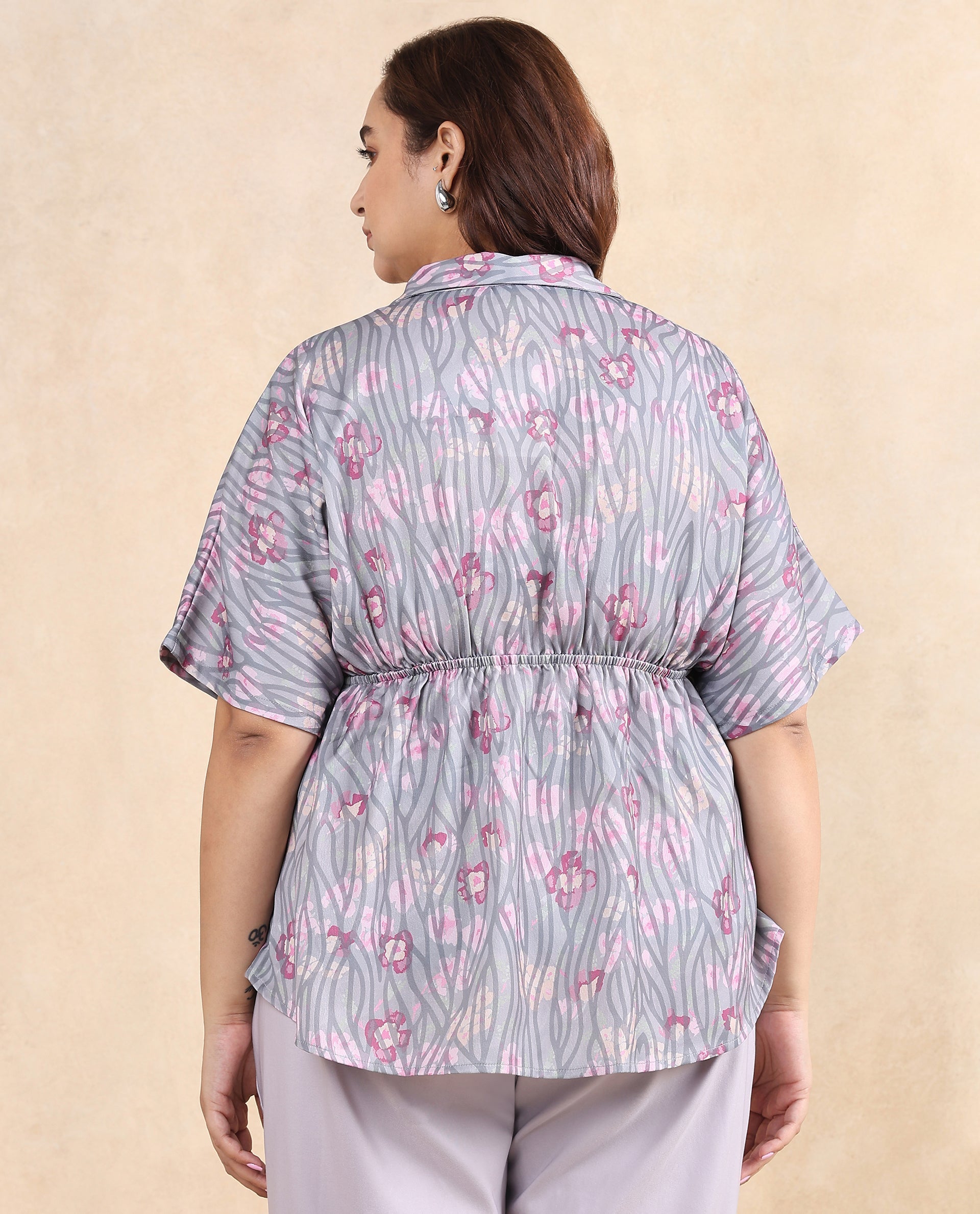 Rareism Women Copa Dusky Multi Satin Kimono Sleeve Jonny Collar Floral Print Top