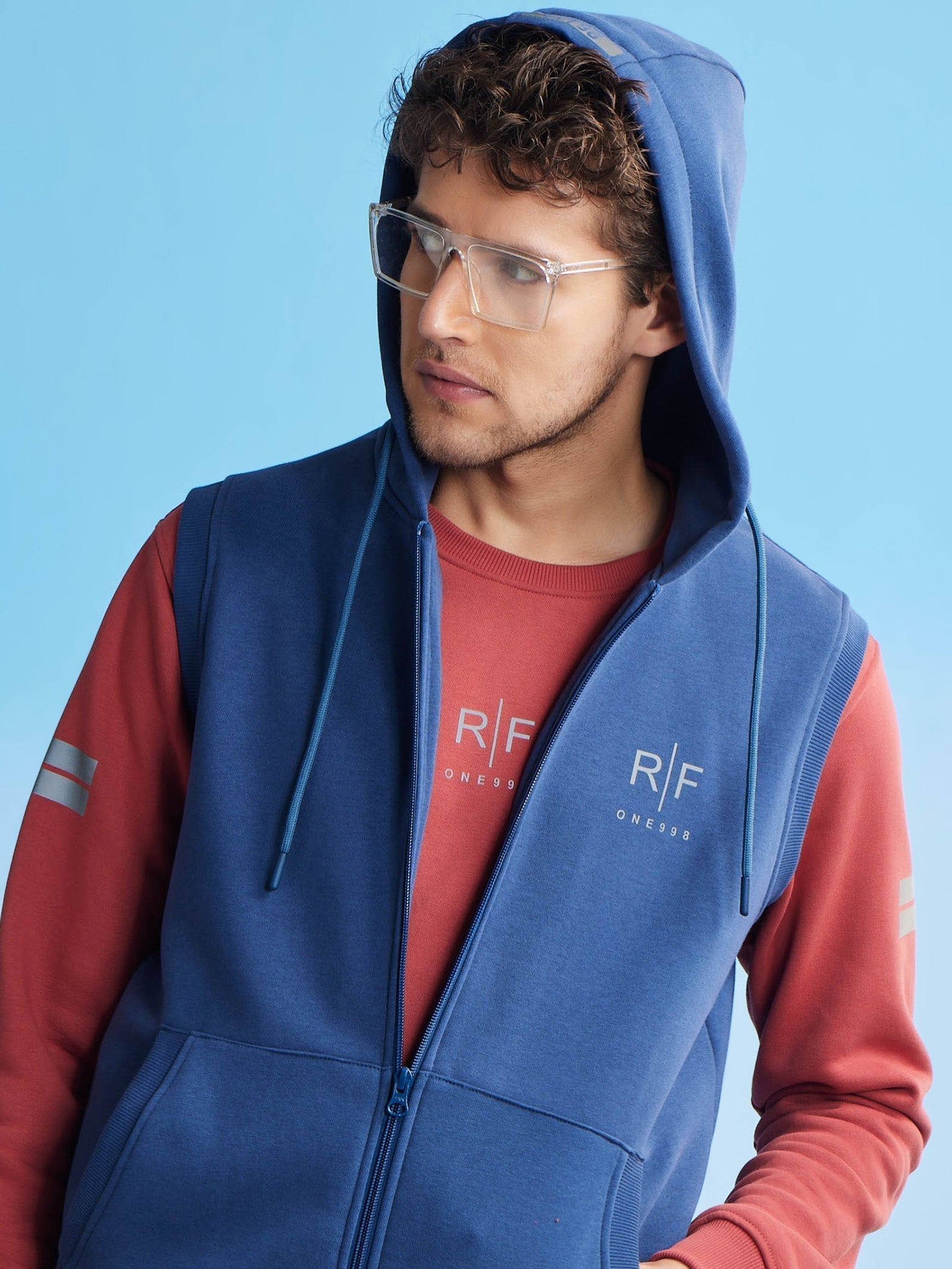 Blue Fleece Sleeve Less Hooded Sweatshirt