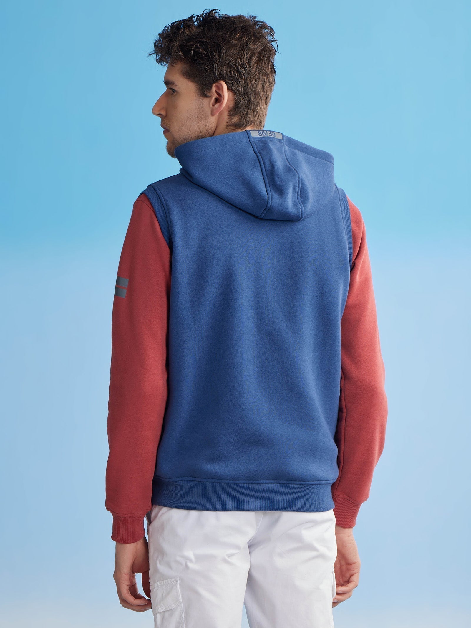 Blue Fleece Sleeve Less Hooded Sweatshirt