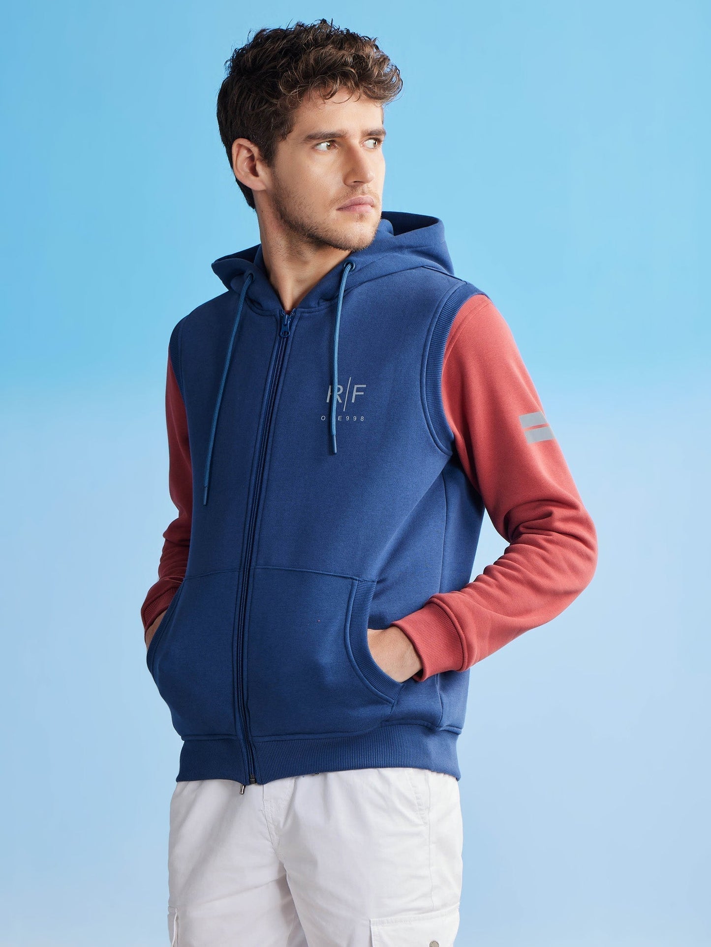 Blue Fleece Sleeve Less Hooded Sweatshirt