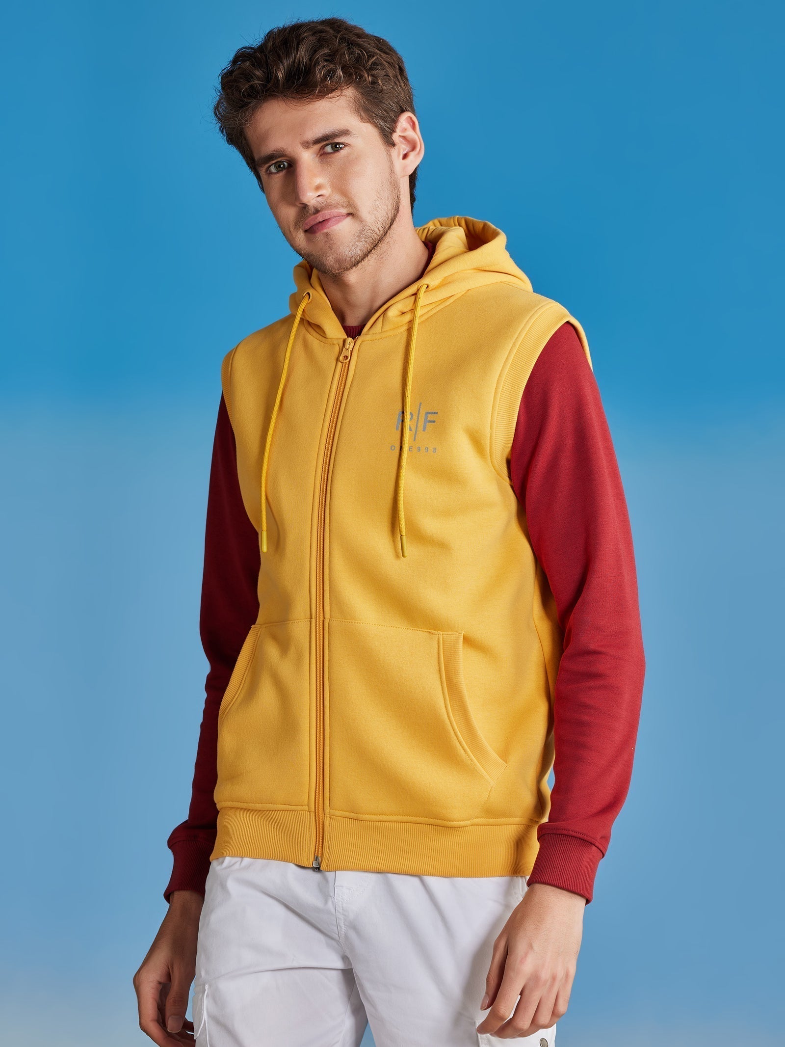 Yellow Fleece Sleeve Less Hooded Sweatshirt