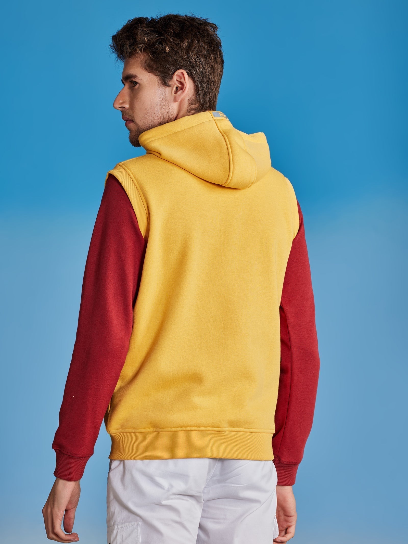 Yellow Fleece Sleeve Less Hooded Sweatshirt