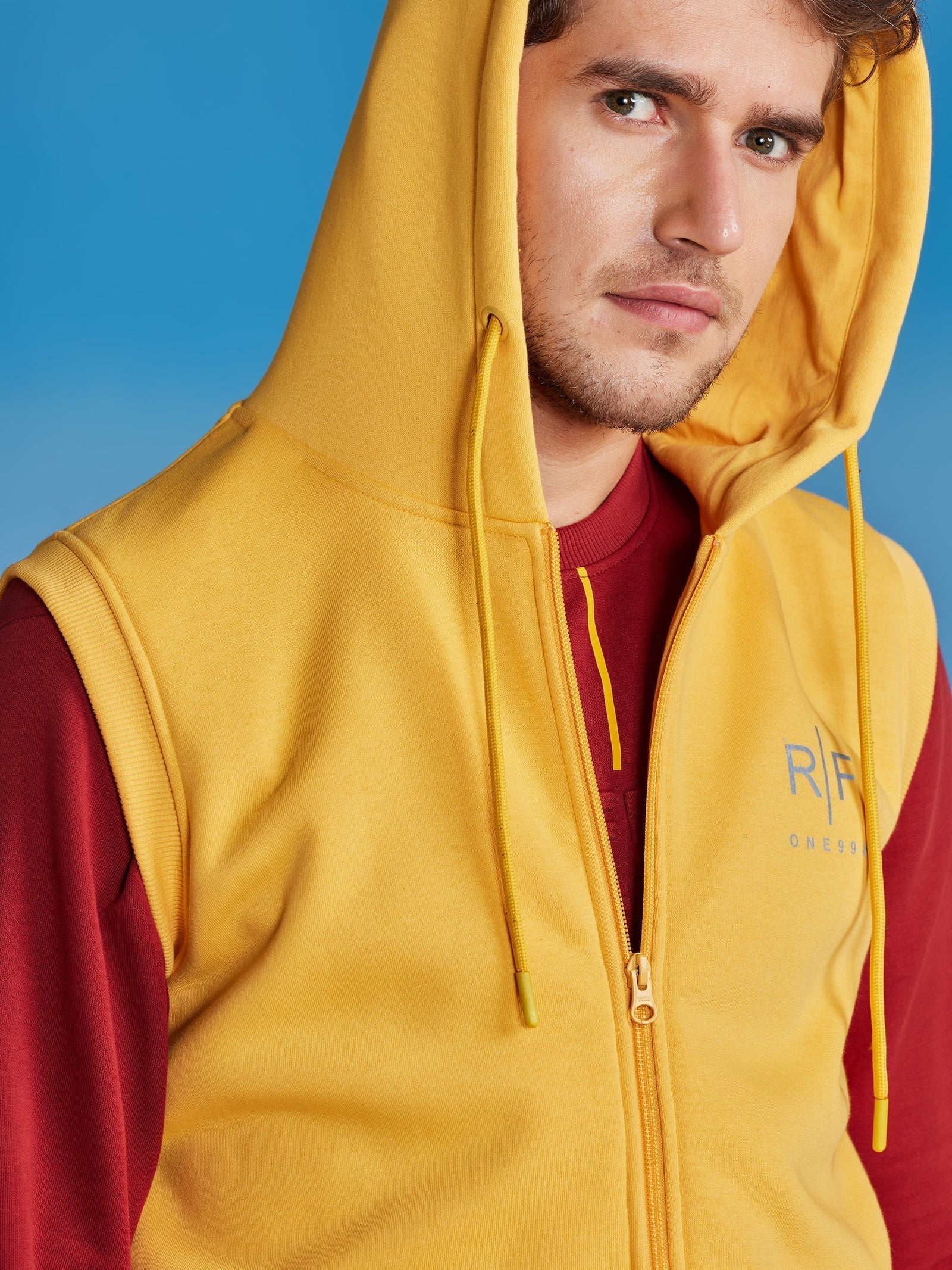 Yellow Fleece Sleeve Less Hooded Sweatshirt