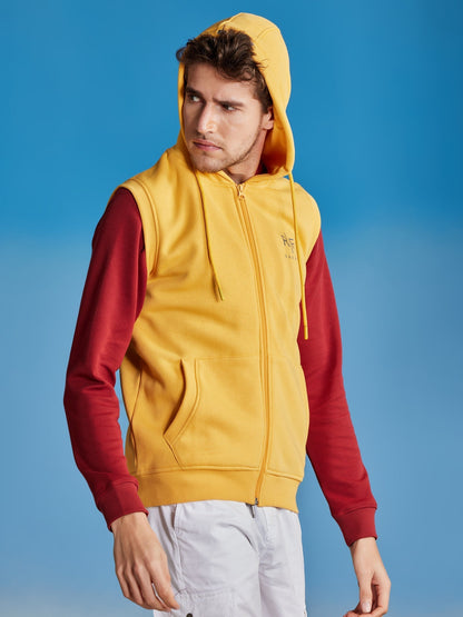 Yellow Fleece Sleeve Less Hooded Sweatshirt