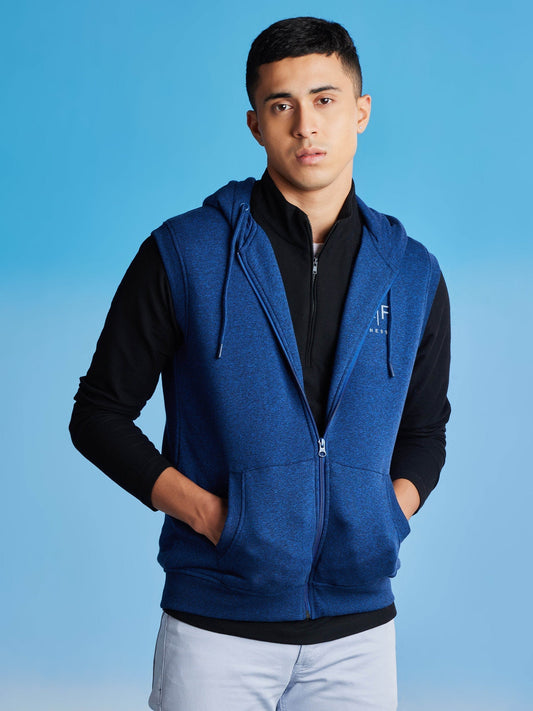 Blue Fleece Sleeve Less Hooded Sweatshirt