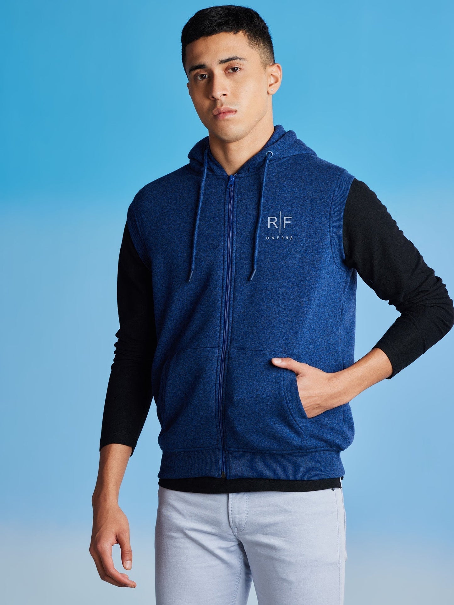 Blue Fleece Sleeve Less Hooded Sweatshirt