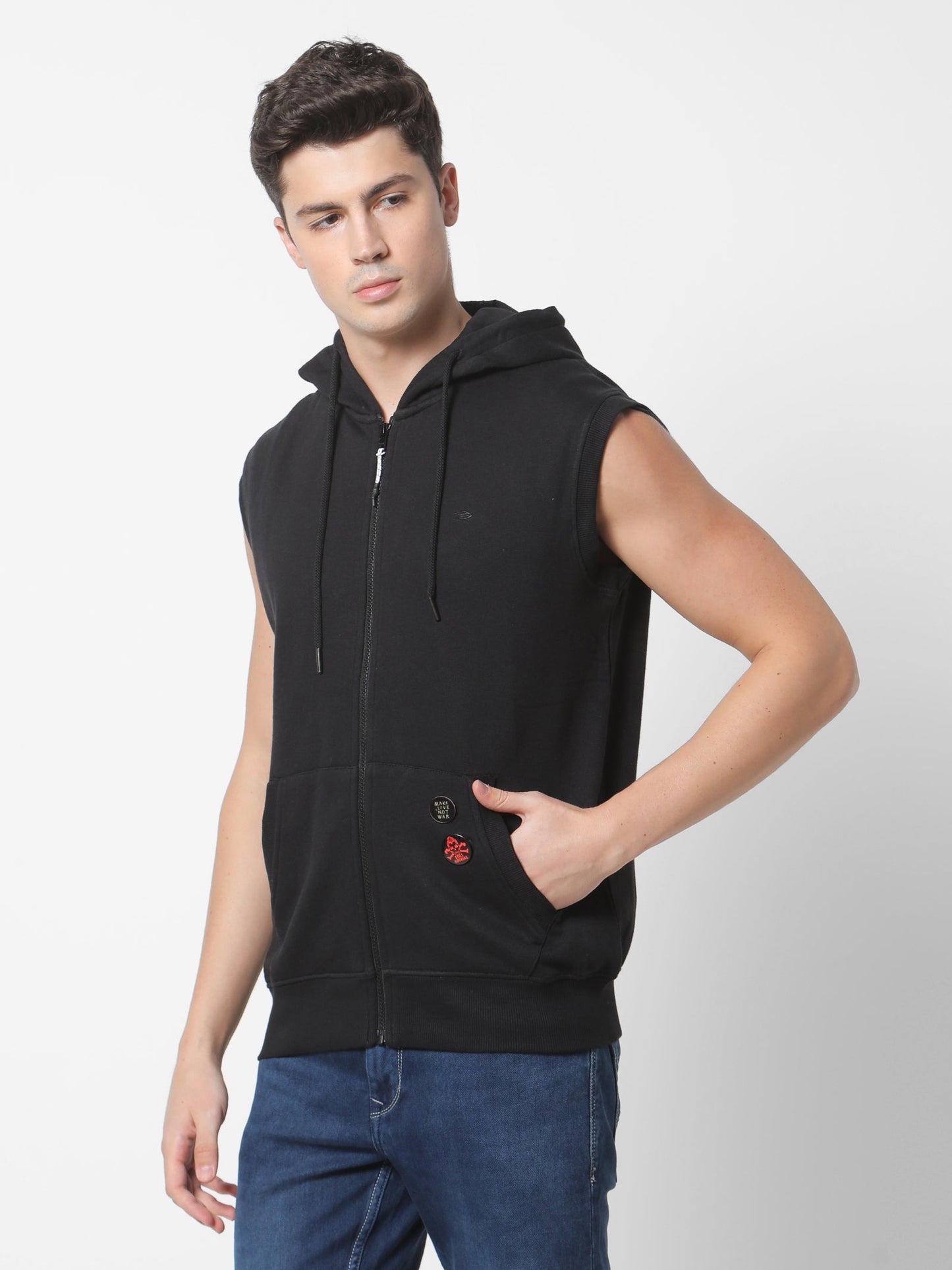 Black Solid Hooded Sleeveless Sweatshirt