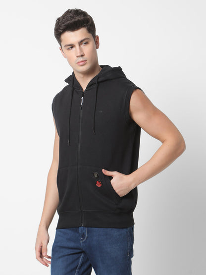 Black Solid Hooded Sleeveless Sweatshirt