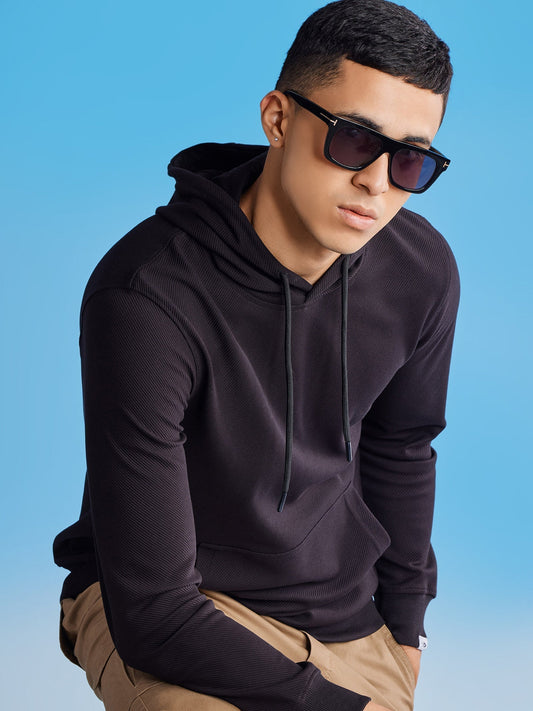 Black Ottoman Crew Neck Hooded Sweatshirt