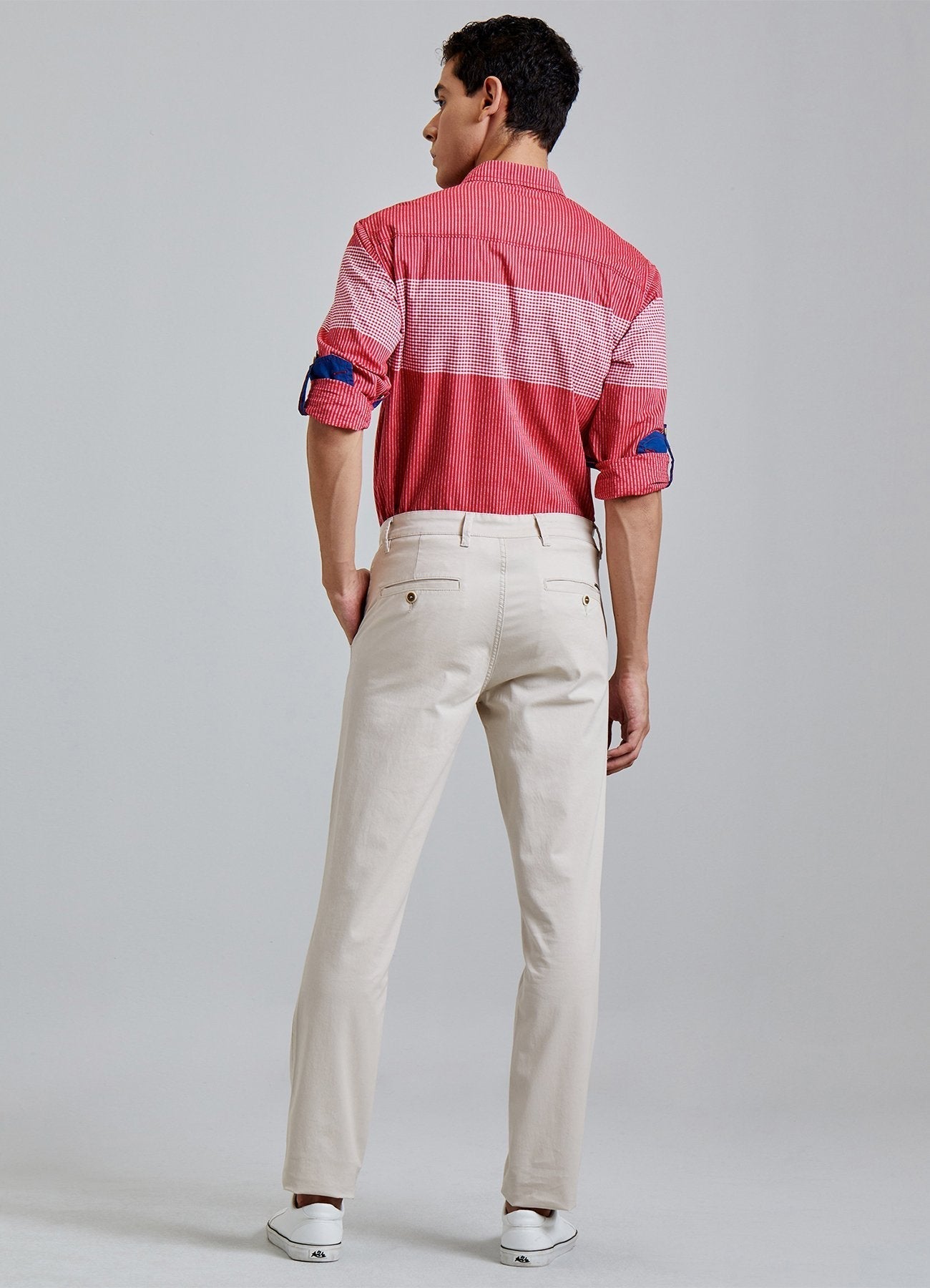 Cream Solid Stretch Slim Fit Trouser