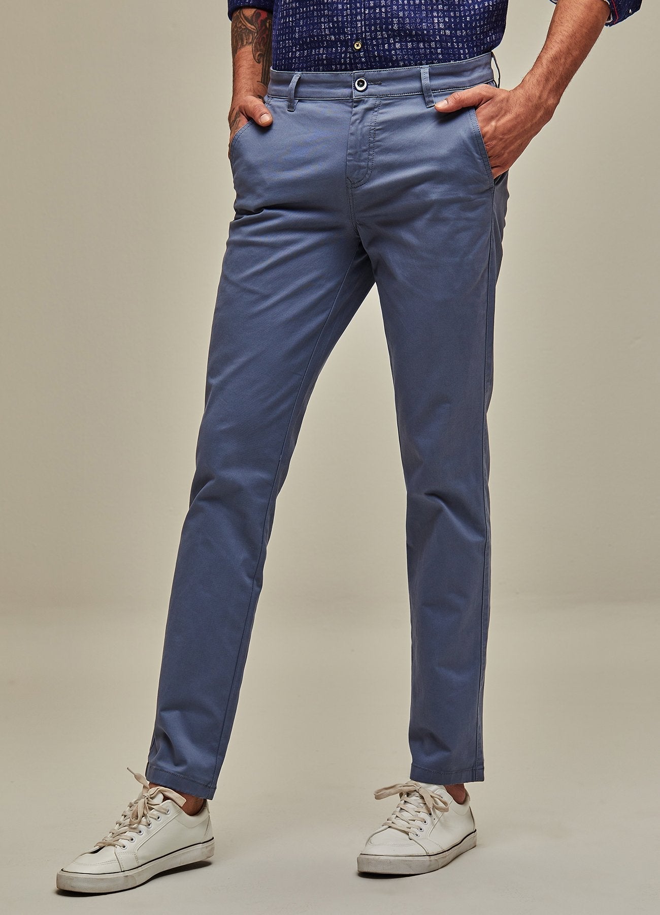 Blue Solid Stretch Slim Fit Trouser