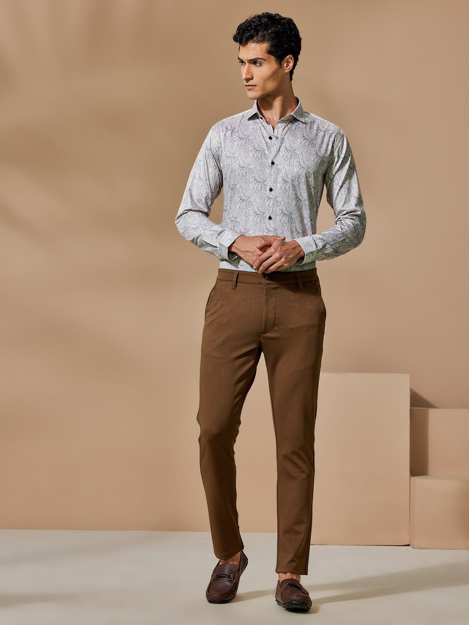 Brown 4-Way Stretch Textured Trouser